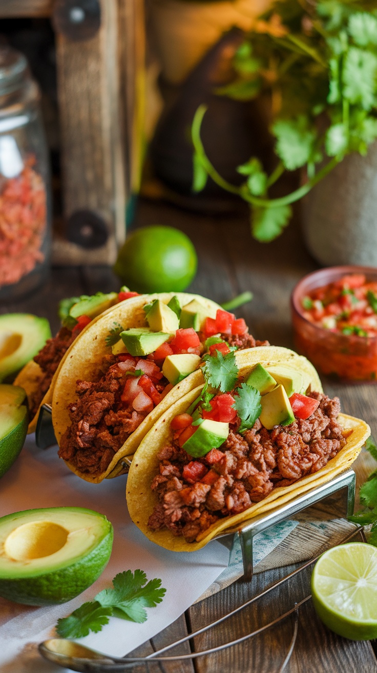 Healthy beef tacos with colorful toppings on a wooden table, ready for family night.